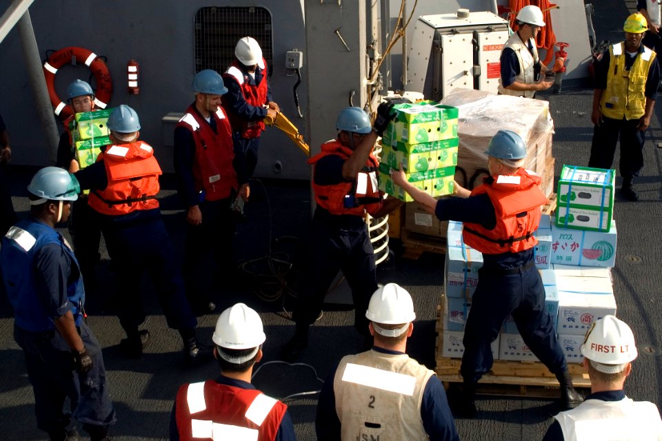 US Navy 081021-N-9123L-003 Sailors unload a pallet of stores during an underway replenishment