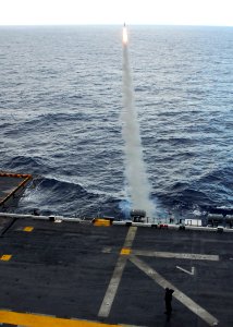 US Navy 081021-N-2183K-100 A chaff radar countermeasure rocket is launched from the port side of the amphibious assault ship USS Peleliu (LHA 5) during a training exercise