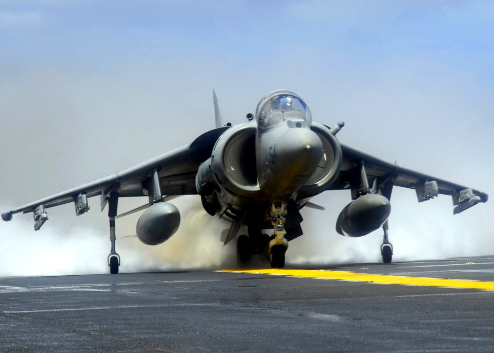 US Navy 081021-N-5148B-170 An AV-8B Harrier jet launches off the flight deck of the amphibious assault ship USS Peleliu (LHA 5)