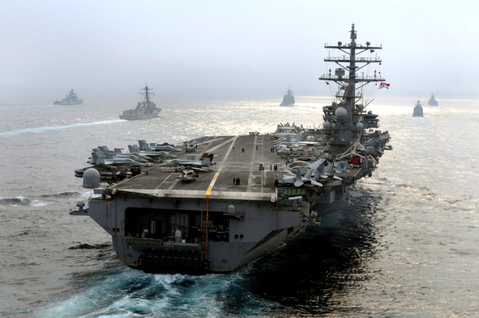 US Navy 081022-N-5961C-002 The Ronald Reagan Carrier Strike Group and the Indian navy's Western Fleet sail in formation during a passing exercise