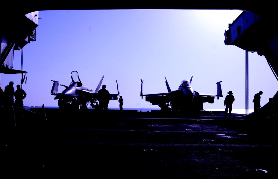 US Navy 081023-N-7918H-017 Two jets are raised up to the flight deck