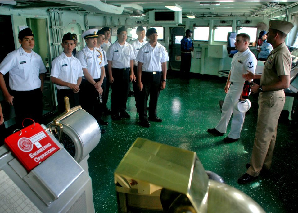 US Navy 081024-N-1722W-130 Chief Hospital Corpsman Eric Ralston nd Hull Repair Technician 3rd Class Michael Gacke act as tour guides
