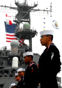 US Navy 081104-N-2183K-007 Sailors man the rails upon their return to homeport
