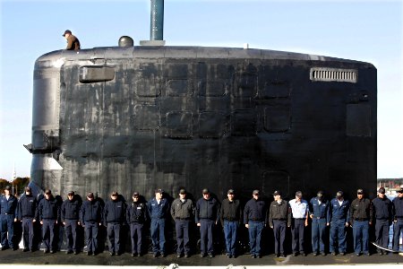 US Navy 081023-N-7441H-005 Crew members from the Virginia-class attack submarine USS New Hampshire (SSN 778) practice manning the ship during a commissioning ceremony rehearsal at Portsmouth Naval Shipyard