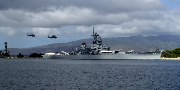 US Navy 081024-N-0879R-002 Two helicopters perform a fly-over between Kilo pier and the USS Missouri and USS Arizona Memorials