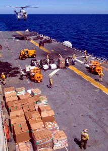 US Navy 081025-N-5253W-017 An SA330J Puma helicopter lowers a pallet of supplies to the flight deck of the amphibious assault ship USS Essex (LHD 2)