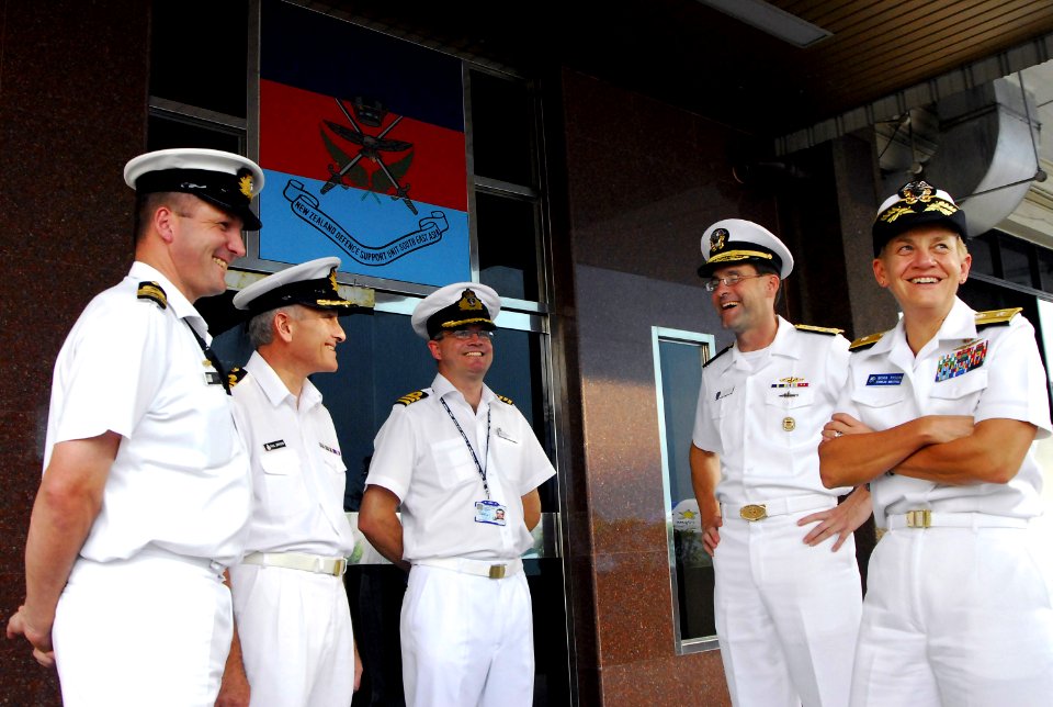 US Navy 081028-N-7095C-002 Vice Adm. John Bird, Commander, U.S. 7th Fleet, center right, greets naval leaders from the United Kingdom, New Zealand and Australia after an office call with Rear Adm. Nora Tyson, right, Commander,