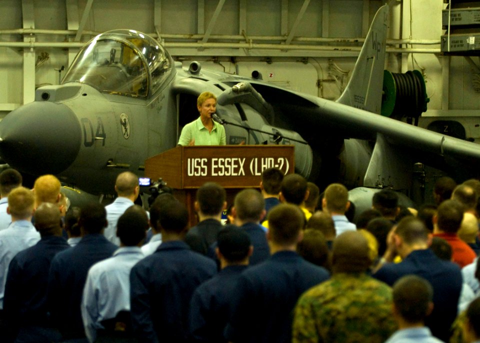 US Navy 081026-N-4010S-016 United States Ambassador to the Republic of the Philippines Kristie A. Kenney speaks to Sailors and Marines aboard the forward-deployed amphibious assault ship USS Essex (LHD 2)