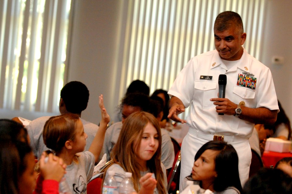 US Navy 081023-N-9818V-069 Master Chief Petty Officer of the Navy (MCPON) Joe R. Campa Jr. takes questions after addressing students from Orr Middle School