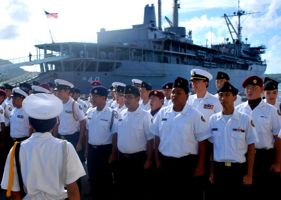 US Navy 081024-N-1722W-078 Navy Junior Reserve Officer Training Corps students gather on the pier near the submarine tender USS Frank Cable (AS 40)