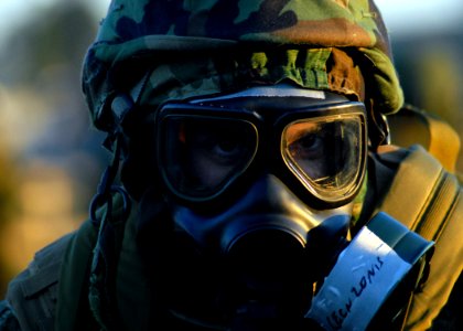 US Navy 081028-N-3857R-008 Construction Electrician Andrew Zonis participates in a chemical, biological and radiological warfare drill