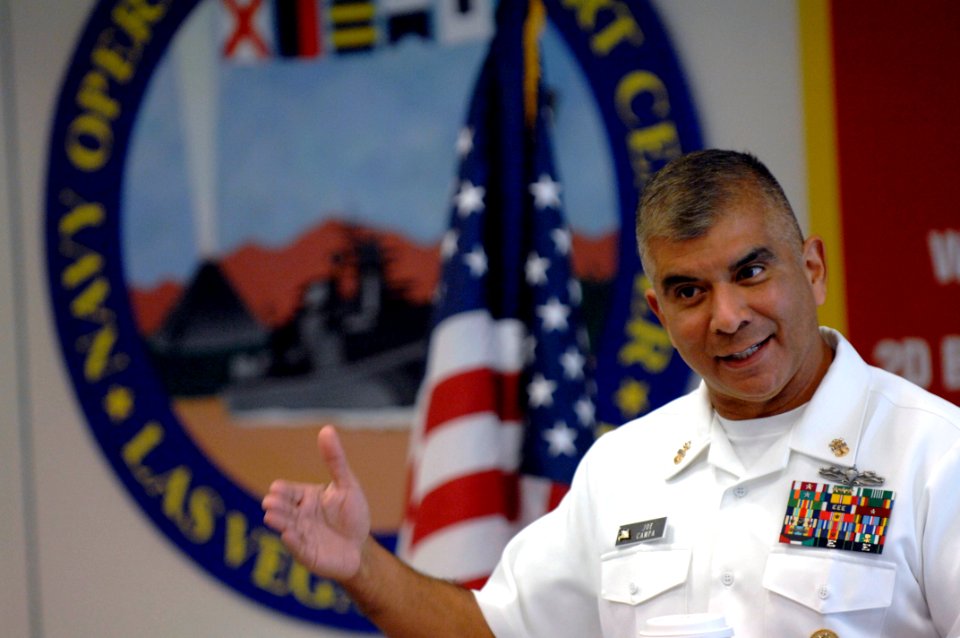 US Navy 081024-N-9818V-036 Master Chief Petty Officer of the Navy (MCPON) Joe R. Campa Jr. Navy speaks to Sailors during an all hands call at the Operation Support Center, Las Vegas