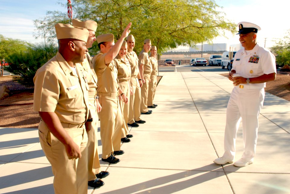 US Navy 081024-N-9818V-004 Master Chief Petty Officer of the Navy (MCPON) Joe R. Campa Jr. is greeted by chief petty officers at the Navy Operation Support Center