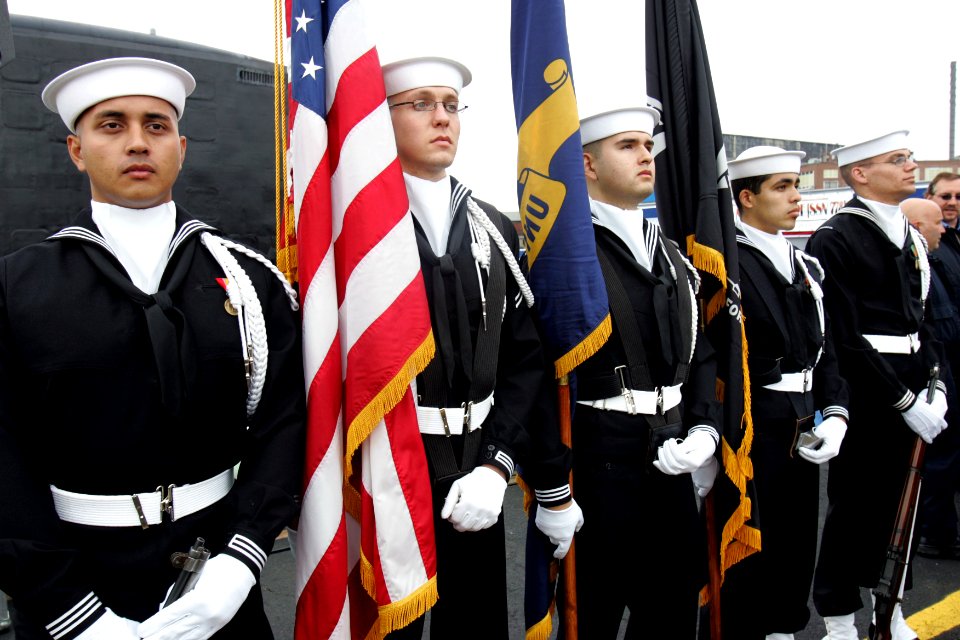 US Navy 081025-N-7441H-006 The Portsmouth Naval Shipyard Honor Guard stands by to present the national colors before the commissioning ceremony of the Virginia-class attack submarine USS New Hampshire (SSN 778)
