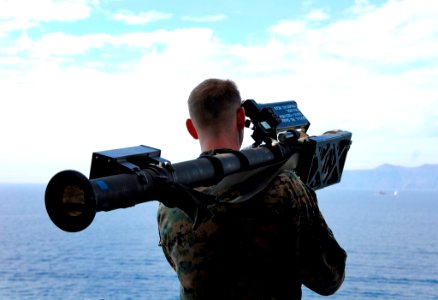 US Navy 081101-N-4774B-237 A Marine aims a Stinger missile launcher during a strait transit exercise photo