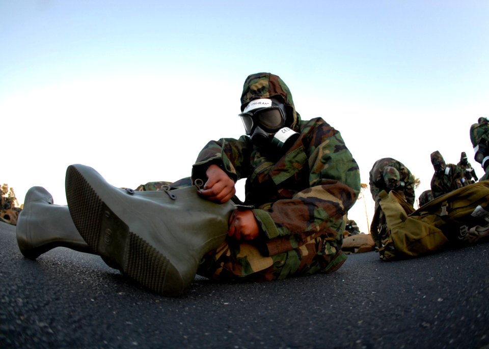 US Navy 081028-N-3857R-004 Construction Electrician 3rd Class Jacinta Ingram participates in a chemical, biological and radiological warfare drill