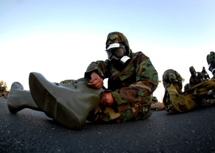 US Navy 081028-N-3857R-004 Construction Electrician 3rd Class Jacinta Ingram participates in a chemical, biological and radiological warfare drill
