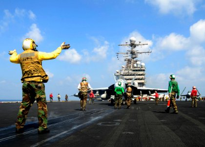 US Navy 081030-N-7571S-003 Flight deck personnel prepare an F-A-18 Super Hornet assigned to the