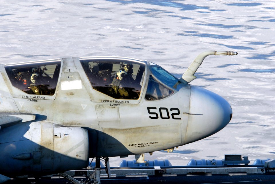 US Navy 081103-N-1635S-001 An EA-6B Prowler prepares to launch off of the flight deck of the Nimitz-class aircraft carrier USS Ronald Reagan (CVN 76)