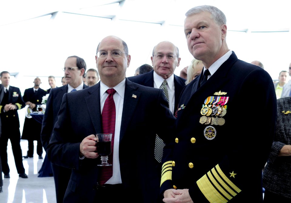 US Navy 081108-N-8273J-046 Secretary of the Navy (SECNAV) the Honorable Dr. Donald C. Winter, left, and CNO Adm. Gary Roughead speak before the commissioning ceremony for the littoral combat ship USS Freedom (LCS 1)