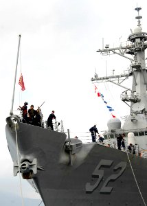 US Navy 081107-N-0780F-004 Sailors aboard the guided-missile destroyer USS Barry (DDG-52) conduct mooring operations during a routine port visit to Souda Bay photo