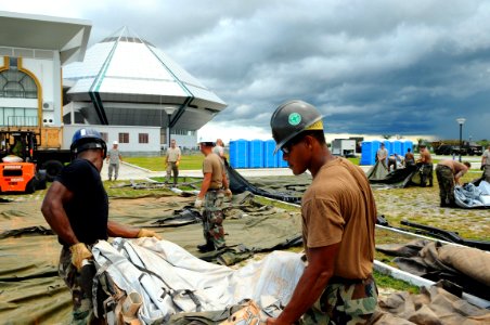 US Navy 081109-N-4515N-040 Air Force engineers and Navy Seabees set up a forward operating base outside a convention center in Guyana
