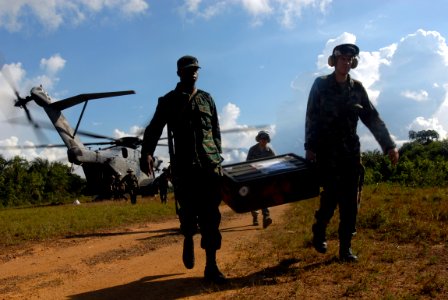US Navy 081111-N-3595W-103 Lt. Cmdr. Nathan Uebelhoer and a member of the Guyana Defense Force, work together unloading medical supplies