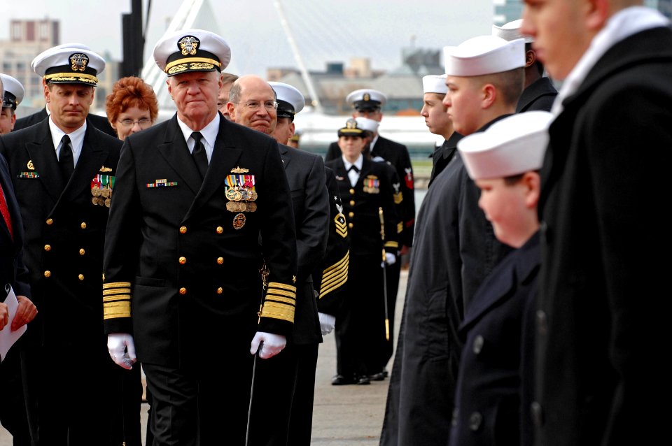 US Navy 081108-N-8273J-059 Chief of Naval Operations Adm. Gary Roughead participates in the commissioning ceremony for the littoral combat ship USS Freedom (LCS 1) at Veterans Park in Milwaukee, Wis