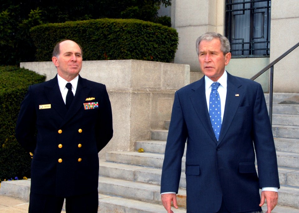 US Navy 081110-N-4267D-002 Bethesda Commander Adm. Matthew L. Nathan escorts President George. W. Bush as he exits Bldg. 1 of the National Naval Medical Center