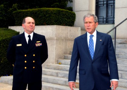 US Navy 081110-N-4267D-002 Bethesda Commander Adm. Matthew L. Nathan escorts President George. W. Bush as he exits Bldg. 1 of the National Naval Medical Center photo
