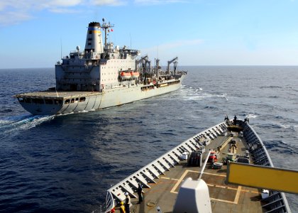 US Navy 081111-N-1082Z-055 The guided-missile cruiser USS Vella Gulf (CG 72) prepares to go alongside the Military Sealift Command fleet replenishment oiler USNS Laramie (T-AO 203) to conduct a replenishment at sea