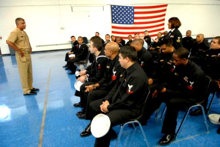 US Navy 081110-N-9818V-186 Master Chief Petty Officer of the Navy (MCPON) Joe R. Campa Jr. takes a question during an all-hands call with Sailors from the Navy Operational Support Center (NOSC), Bronx and Amityville