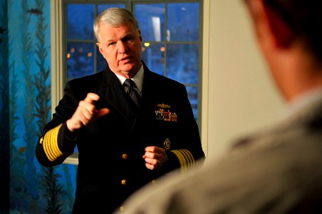 US Navy 100120-N-8273J-084 Chief of Naval Operations (CNO) Adm. Gary Roughead answers questions while speaking with media photo