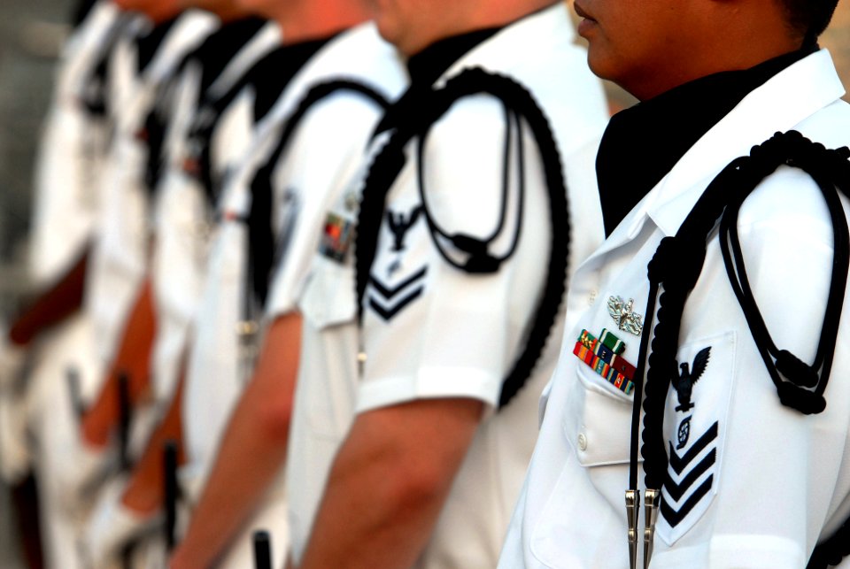 US Navy 081111-N-5476H-066 Members of the Navy Region Hawaii Ceremonial Guard form up for a 21-gun salute during a Veterans Day sunset service aboard the Battleship Missouri Memorial