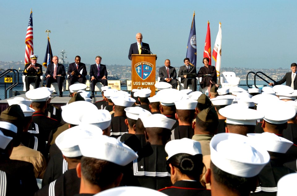 US Navy 081111-N-3925A-004 Secretary of the Department of Homeland Security, the Honorable Michael Chertoff, addresses Sailors and Marines during a naturalization ceremony