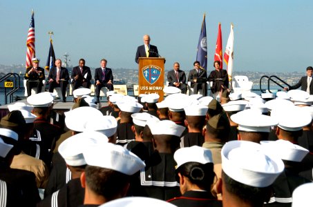 US Navy 081111-N-3925A-004 Secretary of the Department of Homeland Security, the Honorable Michael Chertoff, addresses Sailors and Marines during a naturalization ceremony photo