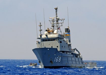 US Navy 081111-N-1082Z-012 The Military Sealift Command fleet ocean tug USNS Catawba (T-ATF 168) conducts a personnel transfer with the guided-missile cruiser USS Vella Gulf (CG 72), not pictured, using a rigid hull inflatable