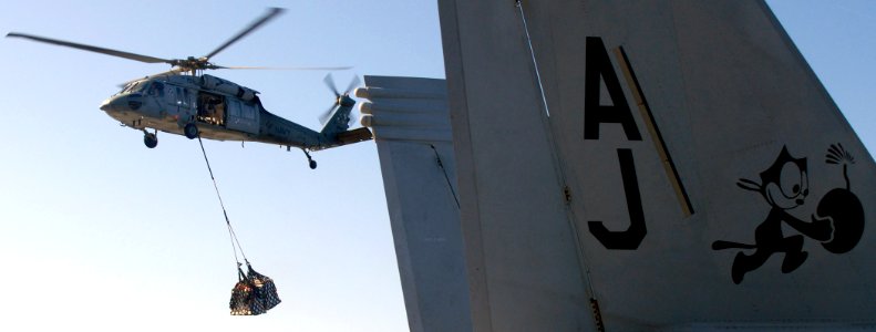 US Navy 081114-N-7571S-001 An MH-60S Sea Hawk transports supplies to the Nimitz-class aircraft carrier USS Theodore Roosevelt (CVN 71)