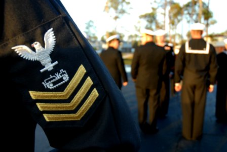 US Navy 081113-N-1057H-426 Naval Mobile Construction Battalion (NMCB) 11 stands by for a service dress blues uniform inspection in preparation for the seasonal uniform switch