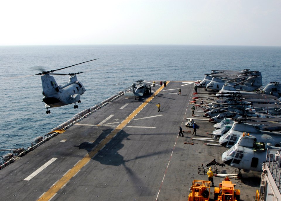 US Navy 081114-N-4236E-037 A CH-46E Sea Knight helicopter from Marine Medium Helicopter Squadron (HMM) 264 lifts off the flight deck of the multi-purpose amphibious assault ship USS Iwo Jima (LHD 7)