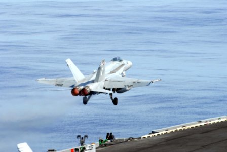 US Navy 081114-N-9132C-005 An F-A-18C Hornet launches from the flight deck of the Nimitz-class aircraft carrier USS Ronald Reagan (CVN 76)