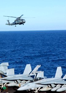 US Navy 081120-N-9900B-001 An SH-60F Sea Hawk prepares to land aboard the Nimitz-class aircraft carrier USS Theodore Roosevelt (CVN 71)