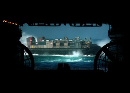 US Navy 081117-N-4236E-084 A landing craft air cushion disembarks the multi-purpose amphibious assault ship USS Iwo Jima (LHD 7)