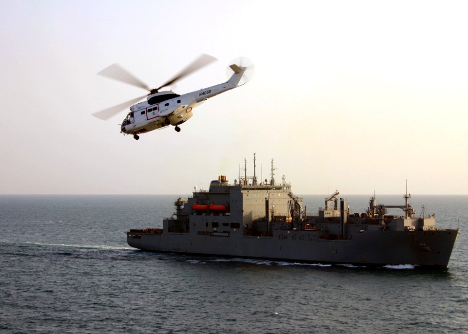 US Navy 081114-N-5681S-053 An SA-330 Puma helicopter from the Military Sealift Command dry cargo-ammunition ship USNS Lewis and Clark (T-AKE 1) conducts a vertical replenishment with the multi-purpose amphibious assault ship US