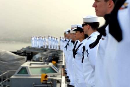 US Navy 081117-N-4995K-089 Sailors man the rails aboard the Nimitz-class aircraft carrier USS Ronald Reagan (CVN 76) photo