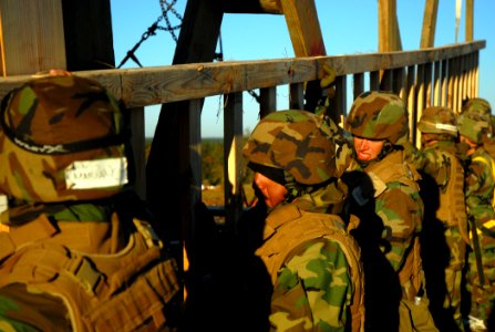 US Navy 081117-N-7367K-001 Seabees work together to attach a ladder to a timber tower