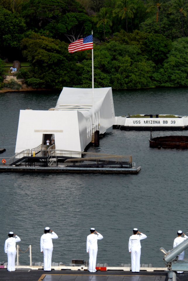 US Navy 081117-N-7730P-215 Sailors render honors to the USS Arizona Memorial
