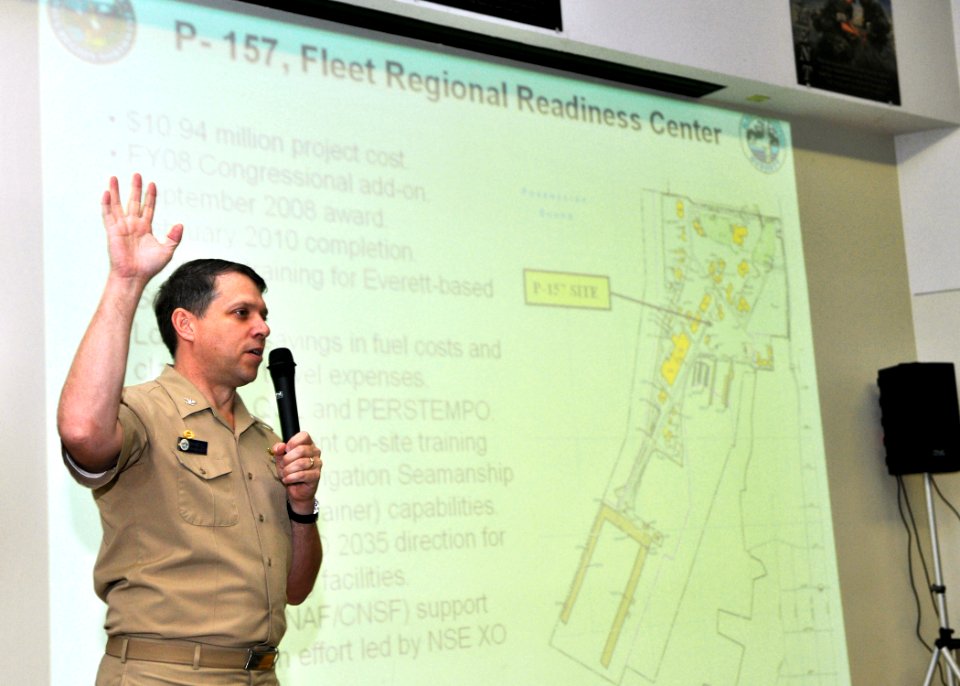 US Navy 081117-N-7981E-025 Capt. Thomas Mascolo, commanding officer of Naval Station Everett, speaks to Sailors assigned to the base and its homeported ships during a town hall meeting at the base auditorium