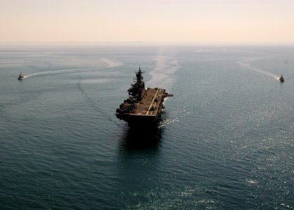 US Navy 081121-N-4236E-153 Foreign Navy ships participate in a photo exercise with the multi-purpose amphibious assault ship USS Iwo Jima (LHD 7)