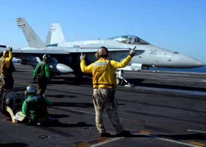 US Navy 081119-N-9900B-010 An F-A-18C Hornet prepares to launch from the flight deck of USS Theodore Roosevelt (CVN 71)